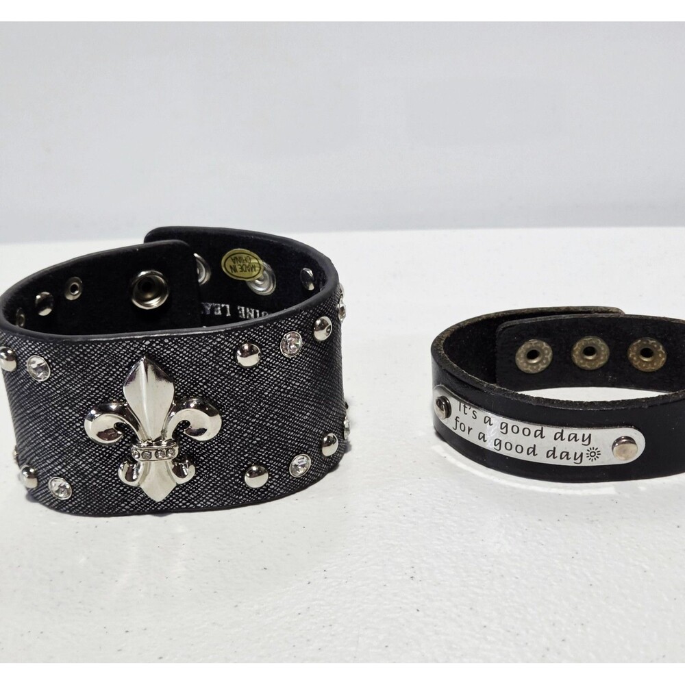 Lot Of 2 Bracelets Black Leather Fleur-de-Lis +  It's A Good Day For A Good Day
